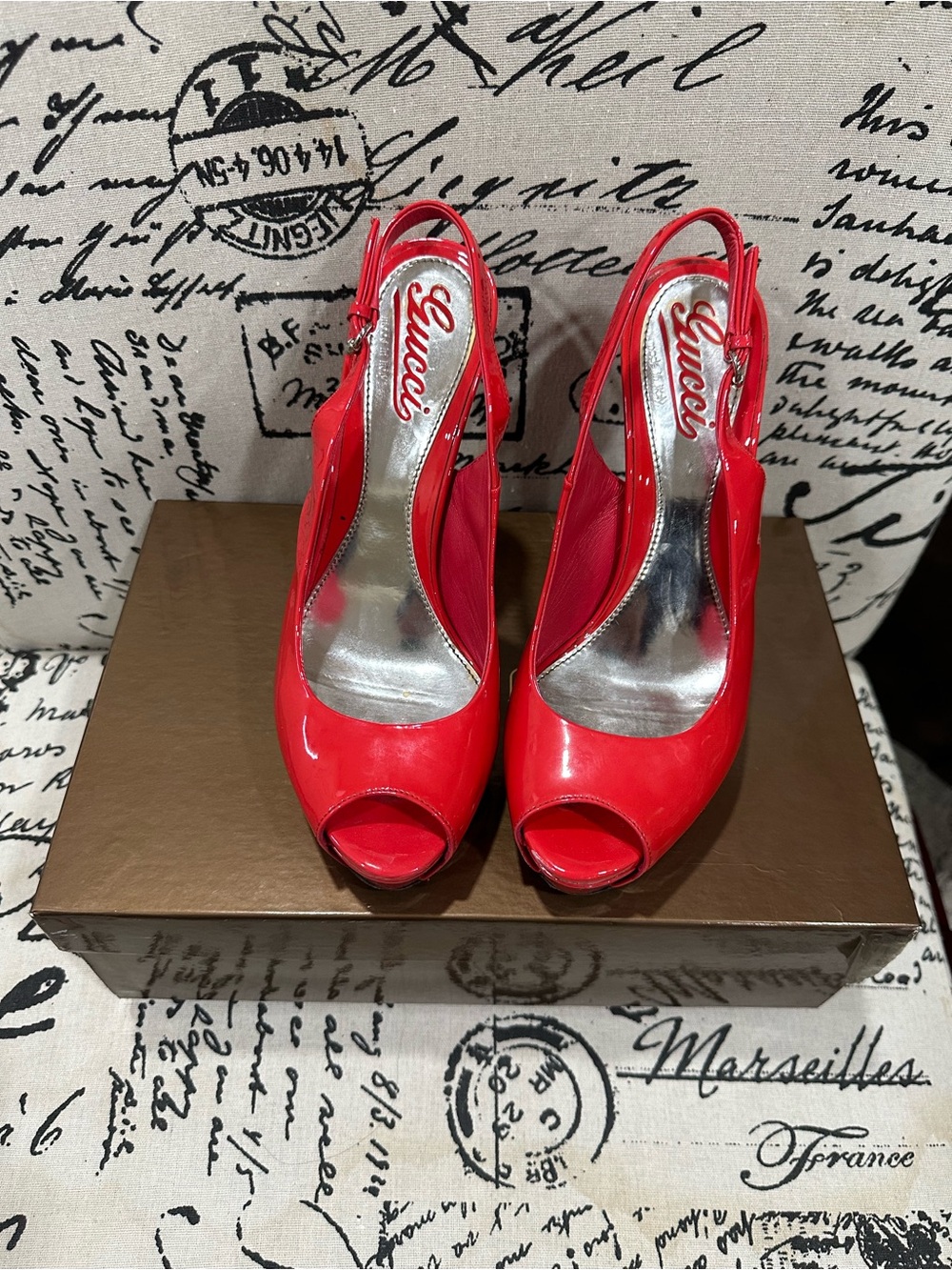 Gucci Red Patent Peep-Toe Slingback Heels